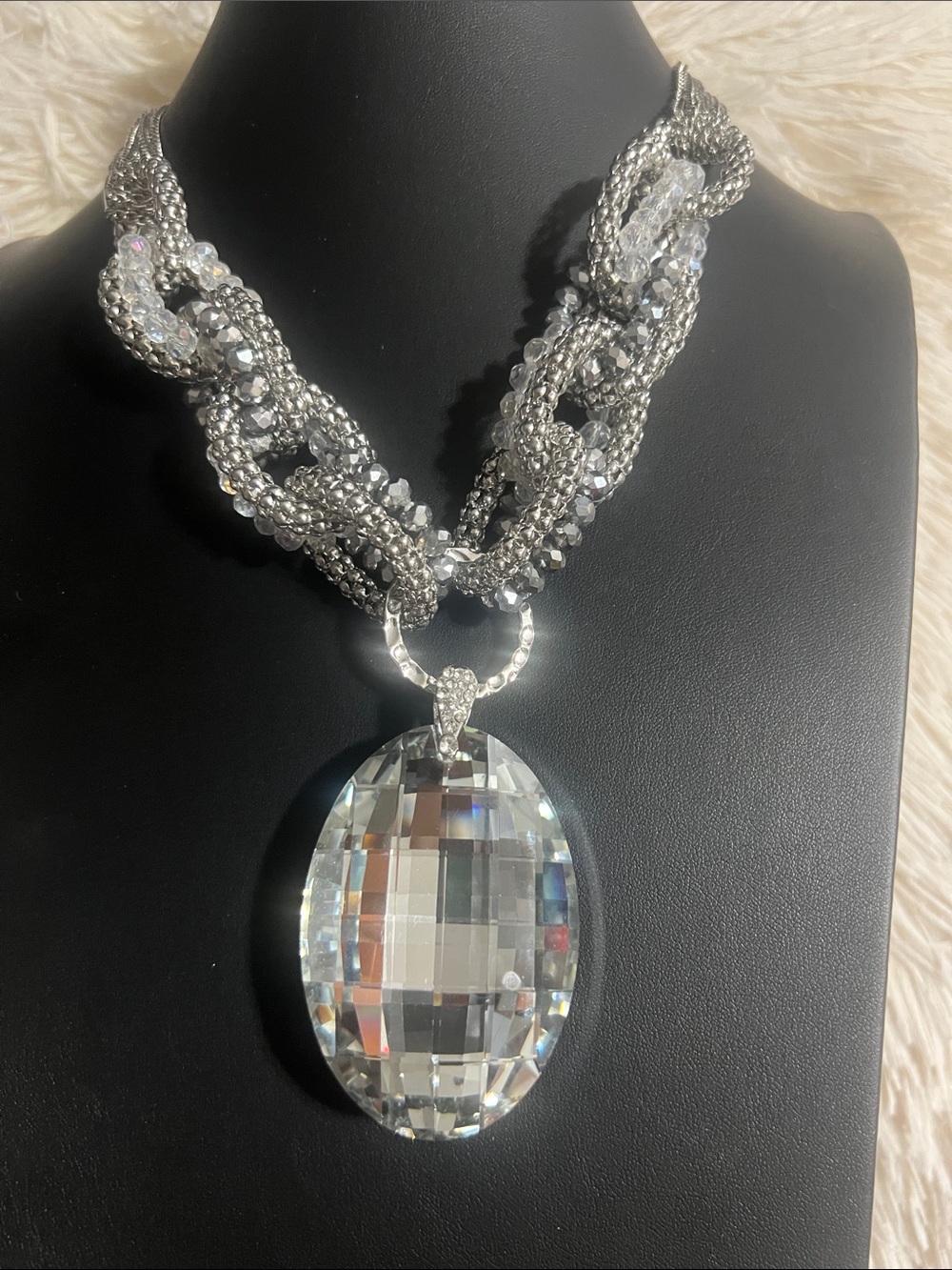 Silver Crystal Statement Pendant Necklace - Clear Oval Drop